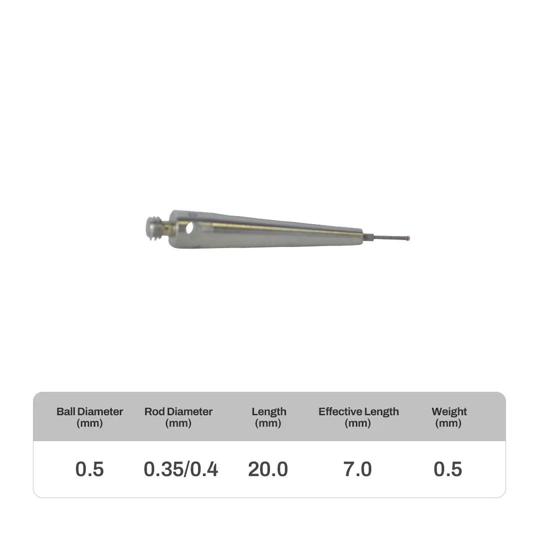 High-precision CNC stylus probe with ruby ball tip, compatible with Renishaw, Hexagon, Zeiss, Mitutoyo, BLUM, Marposs, and Heidenhain. Available in M2 threads for CMM and CNC machine tool probing