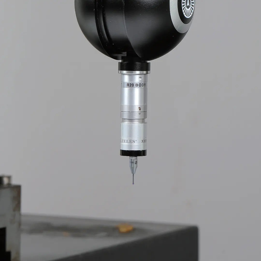 High-precision CNC stylus probe with ruby ball tip, compatible with Renishaw, Hexagon, Zeiss, Mitutoyo, BLUM, Marposs, and Heidenhain. Available in M2 threads for CMM and CNC machine tool probing
