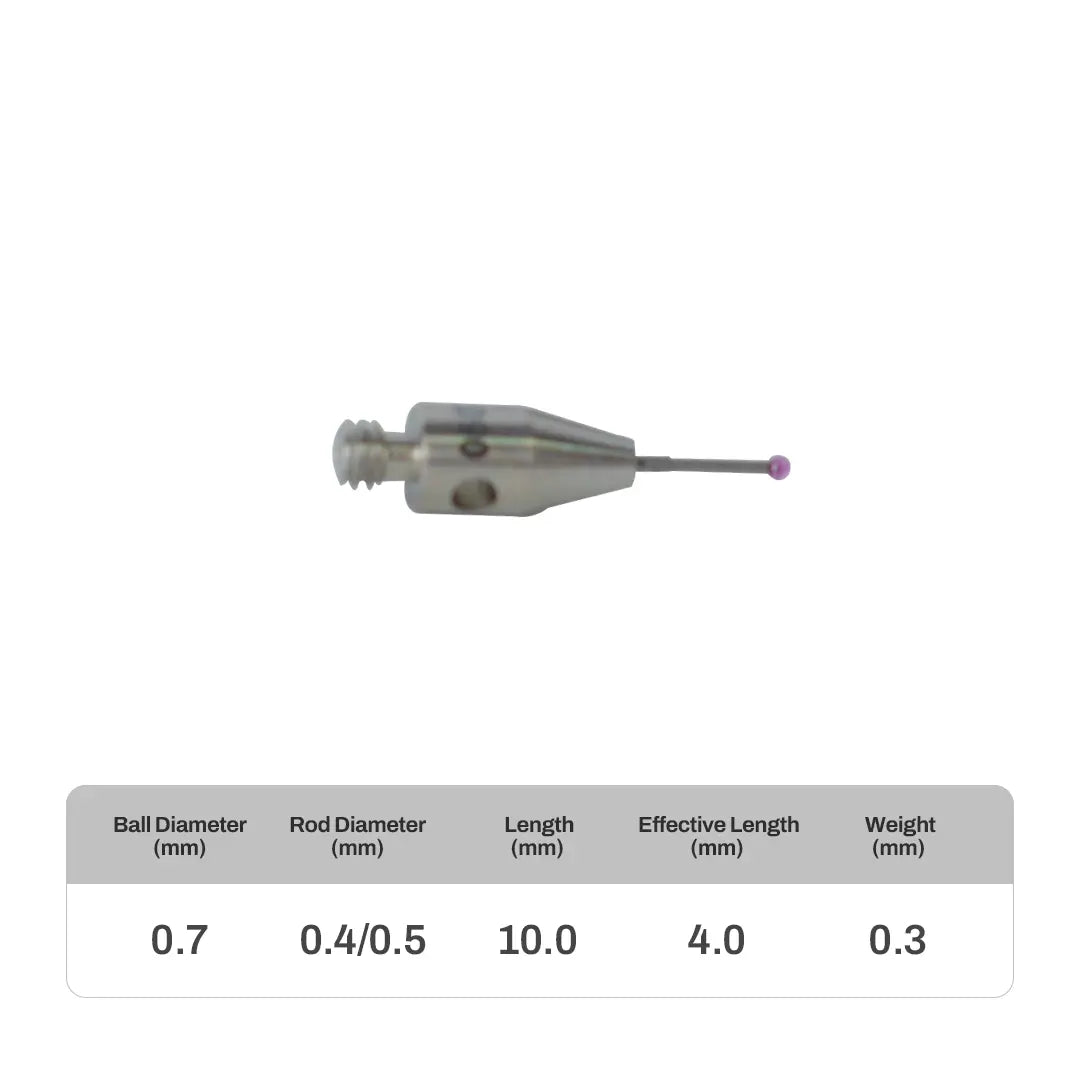 High-precision CNC stylus probe with ruby ball tip, compatible with Renishaw, Hexagon, Zeiss, Mitutoyo, BLUM, Marposs, and Heidenhain. Available in M2 threads for CMM and CNC machine tool probing