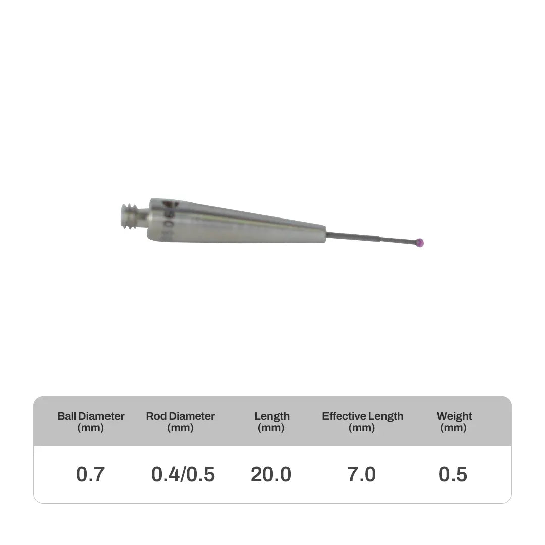 High-precision CNC stylus probe with ruby ball tip, compatible with Renishaw, Hexagon, Zeiss, Mitutoyo, BLUM, Marposs, and Heidenhain. Available in M2 threads for CMM and CNC machine tool probing