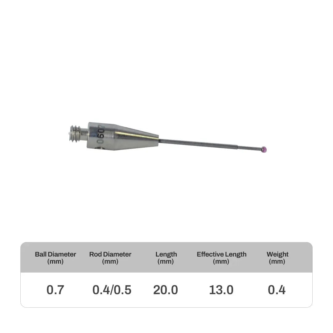 High-precision CNC stylus probe with ruby ball tip, compatible with Renishaw, Hexagon, Zeiss, Mitutoyo, BLUM, Marposs, and Heidenhain. Available in M2 threads for CMM and CNC machine tool probing