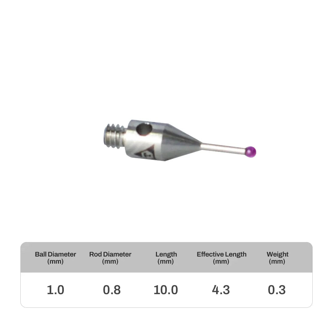 High-precision CNC stylus probe with ruby ball tip, compatible with Renishaw, Hexagon, Zeiss, Mitutoyo, BLUM, Marposs, and Heidenhain. Available in M2 threads for CMM and CNC machine tool probing