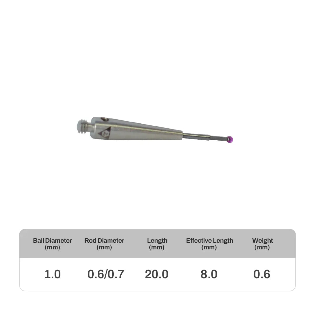High-precision CNC stylus probe with ruby ball tip, compatible with Renishaw, Hexagon, Zeiss, Mitutoyo, BLUM, Marposs, and Heidenhain. Available in M2 threads for CMM and CNC machine tool probing