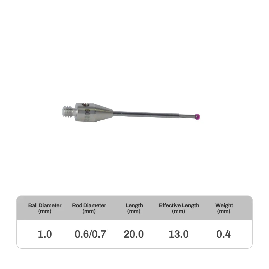 High-precision CNC stylus probe with ruby ball tip, compatible with Renishaw, Hexagon, Zeiss, Mitutoyo, BLUM, Marposs, and Heidenhain. Available in M2 threads for CMM and CNC machine tool probing