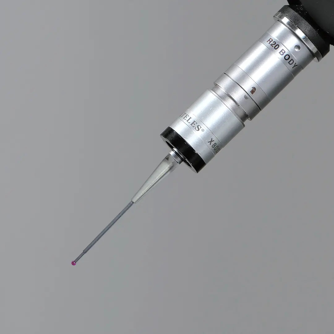 High-precision CNC stylus probe with ruby ball tip, compatible with Renishaw, Hexagon, Zeiss, Mitutoyo, BLUM, Marposs, and Heidenhain. Available in M2 threads for CMM and CNC machine tool probing