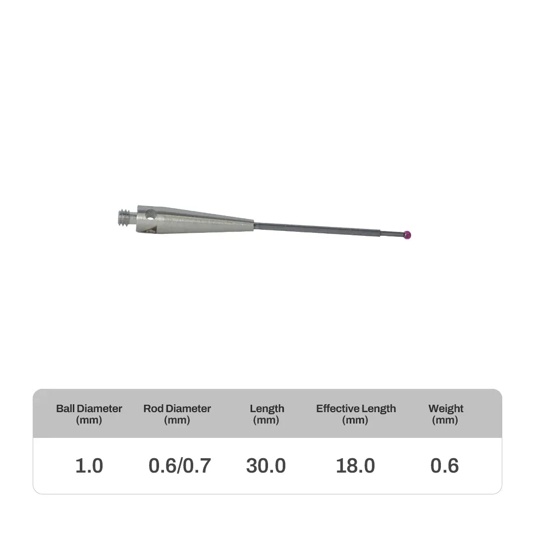 High-precision CNC stylus probe with ruby ball tip, compatible with Renishaw, Hexagon, Zeiss, Mitutoyo, BLUM, Marposs, and Heidenhain. Available in M2 threads for CMM and CNC machine tool probing