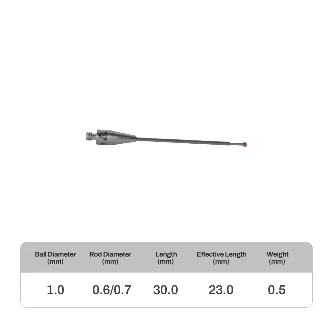 High-precision CNC stylus probe with ruby ball tip, compatible with Renishaw, Hexagon, Zeiss, Mitutoyo, BLUM, Marposs, and Heidenhain. Available in M2 threads for CMM and CNC machine tool probing