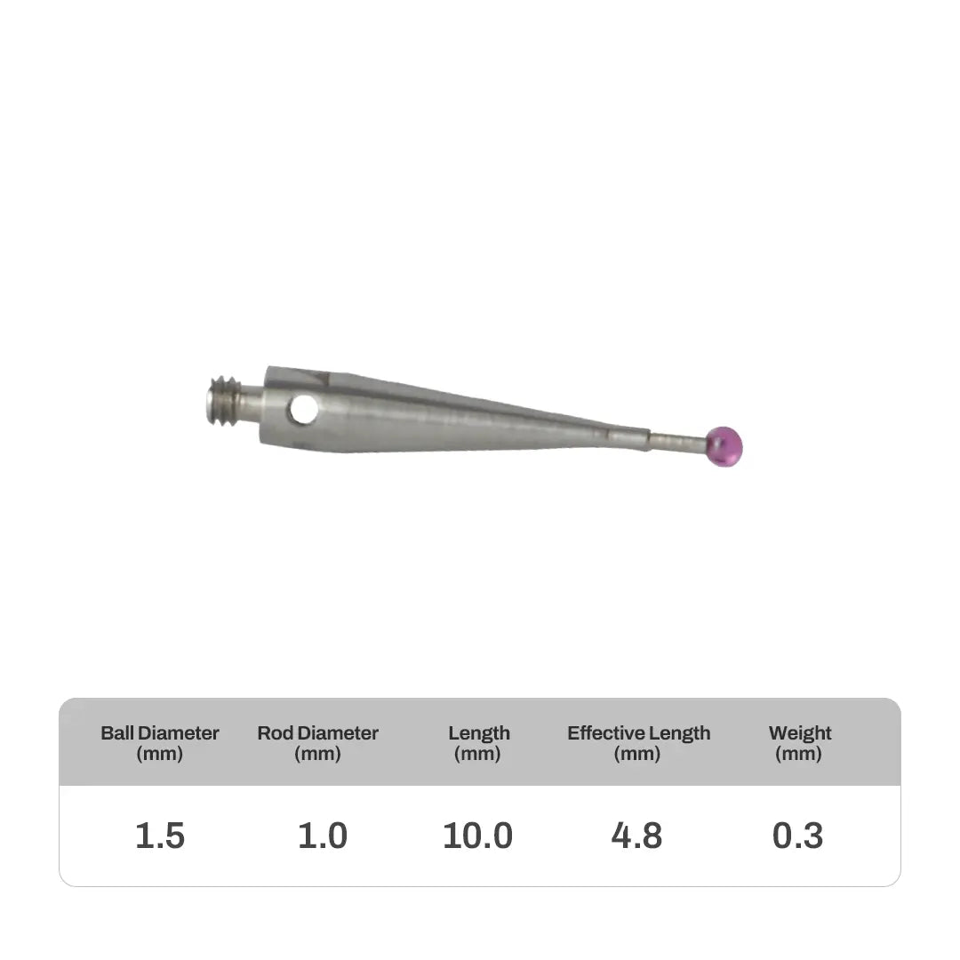 High-precision CNC stylus probe with ruby ball tip, compatible with Renishaw, Hexagon, Zeiss, Mitutoyo, BLUM, Marposs, and Heidenhain. Available in M2 threads for CMM and CNC machine tool probing