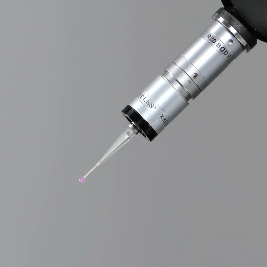 High-precision CNC stylus probe with ruby ball tip, compatible with Renishaw, Hexagon, Zeiss, Mitutoyo, BLUM, Marposs, and Heidenhain. Available in M2 threads for CMM and CNC machine tool probing