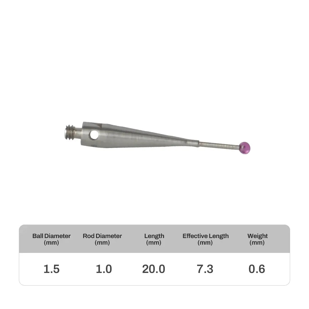 High-precision CNC stylus probe with ruby ball tip, compatible with Renishaw, Hexagon, Zeiss, Mitutoyo, BLUM, Marposs, and Heidenhain. Available in M2 threads for CMM and CNC machine tool probing