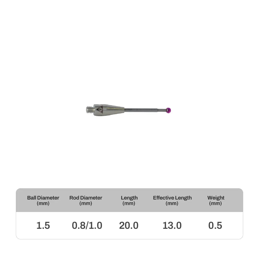 High-precision CNC stylus probe with ruby ball tip, compatible with Renishaw, Hexagon, Zeiss, Mitutoyo, BLUM, Marposs, and Heidenhain. Available in M2 threads for CMM and CNC machine tool probing