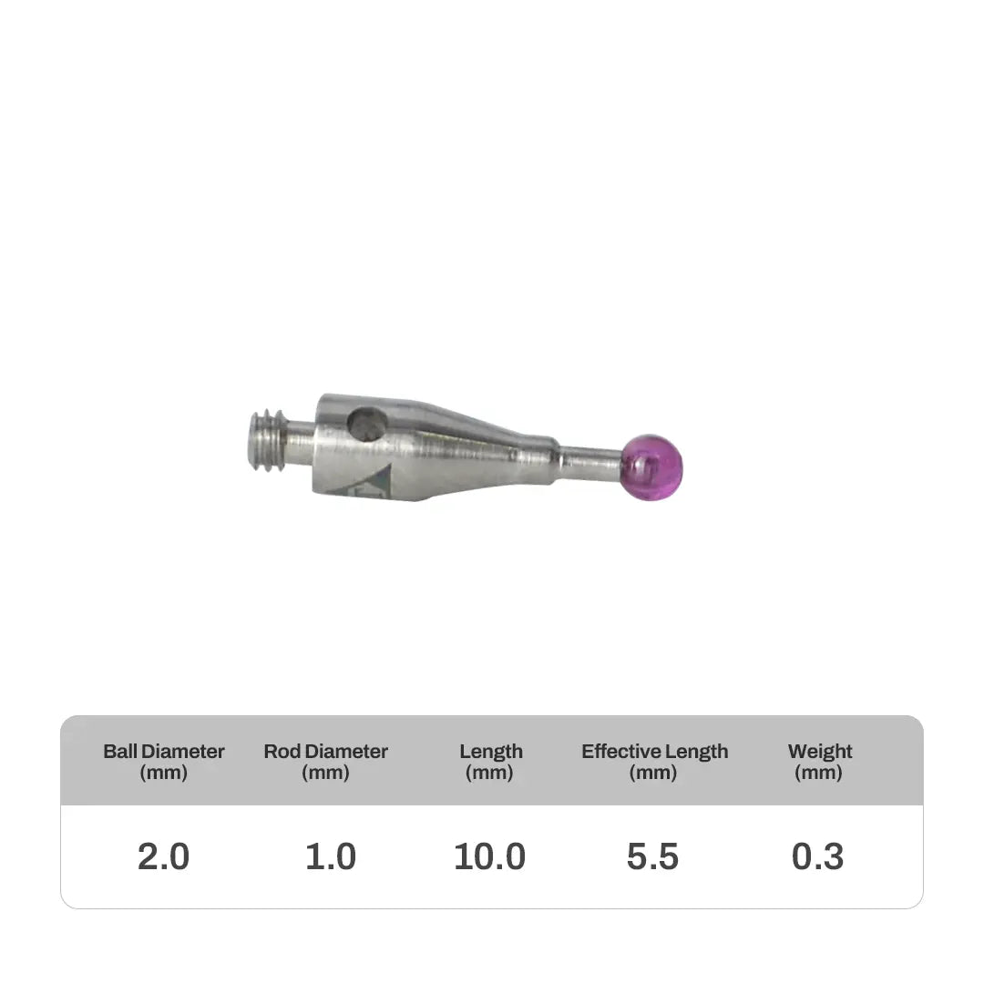 High-precision CNC stylus probe with ruby ball tip, compatible with Renishaw, Hexagon, Zeiss, Mitutoyo, BLUM, Marposs, and Heidenhain. Available in M2 threads for CMM and CNC machine tool probing