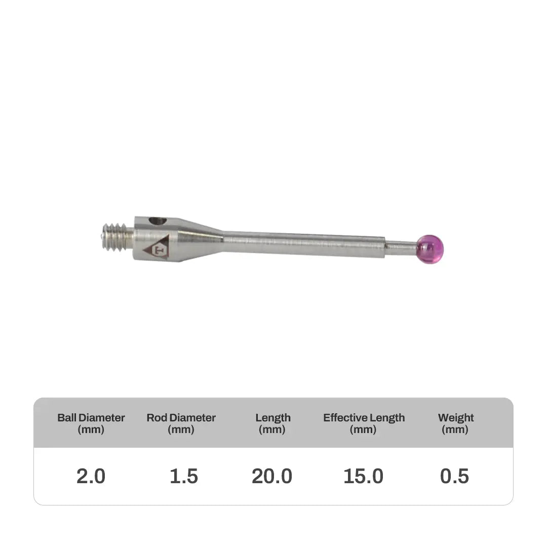 High-precision CNC stylus probe with ruby ball tip, compatible with Renishaw, Hexagon, Zeiss, Mitutoyo, BLUM, Marposs, and Heidenhain. Available in M2 threads for CMM and CNC machine tool probing