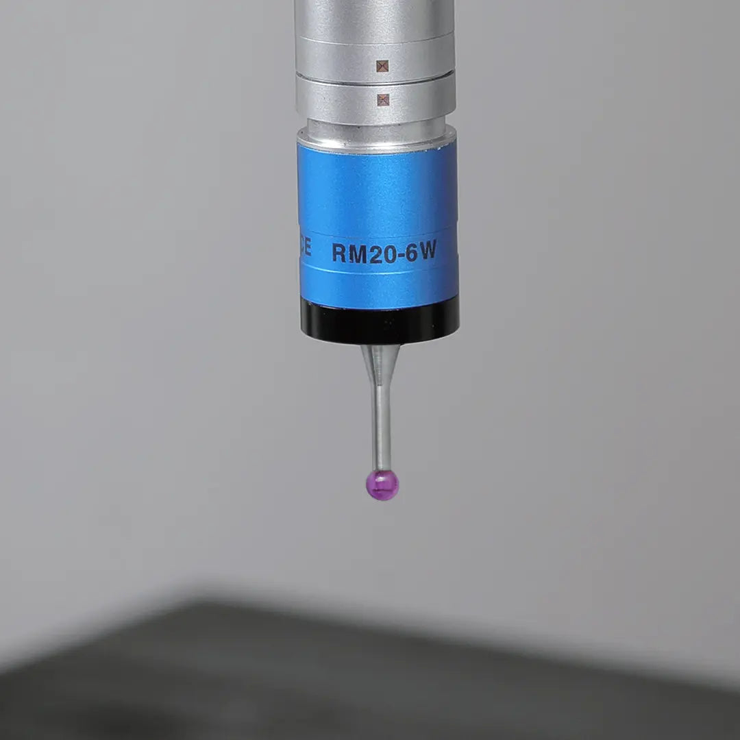 High-precision CNC stylus probe with ruby ball tip, compatible with Renishaw, Hexagon, Zeiss, Mitutoyo, BLUM, Marposs, and Heidenhain. Available in M2 threads for CMM and CNC machine tool probing