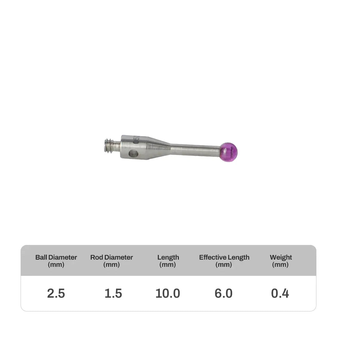 High-precision CNC stylus probe with ruby ball tip, compatible with Renishaw, Hexagon, Zeiss, Mitutoyo, BLUM, Marposs, and Heidenhain. Available in M2 threads for CMM and CNC machine tool probing