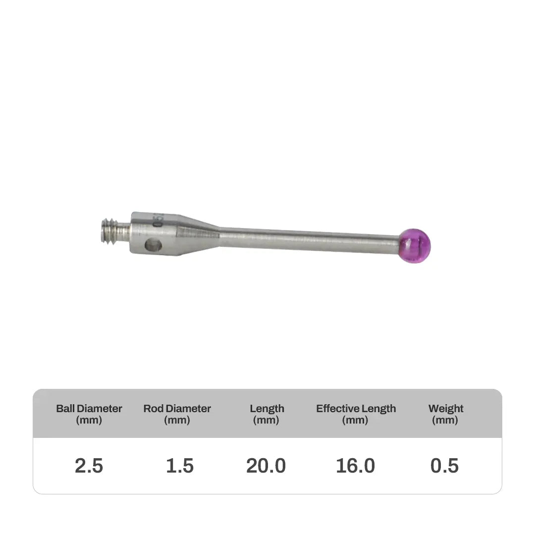 High-precision CNC stylus probe with ruby ball tip, compatible with Renishaw, Hexagon, Zeiss, Mitutoyo, BLUM, Marposs, and Heidenhain. Available in M2 threads for CMM and CNC machine tool probing