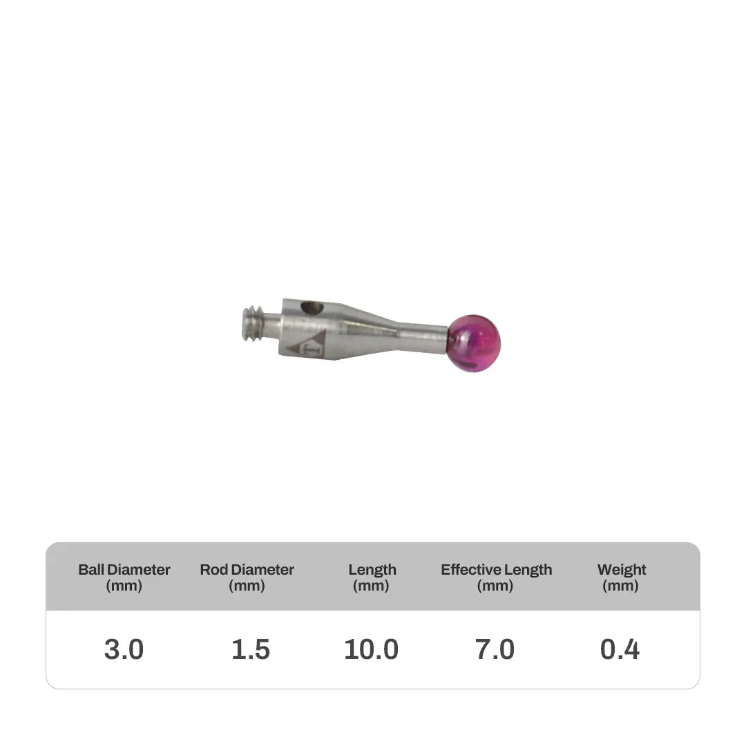 High-precision CNC stylus probe with ruby ball tip, compatible with Renishaw, Hexagon, Zeiss, Mitutoyo, BLUM, Marposs, and Heidenhain. Available in M2 threads for CMM and CNC machine tool probing