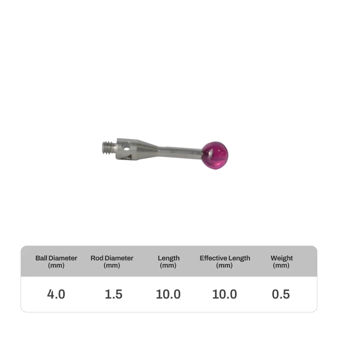 High-precision CNC stylus probe with ruby ball tip, compatible with Renishaw, Hexagon, Zeiss, Mitutoyo, BLUM, Marposs, and Heidenhain. Available in M2 threads for CMM and CNC machine tool probing