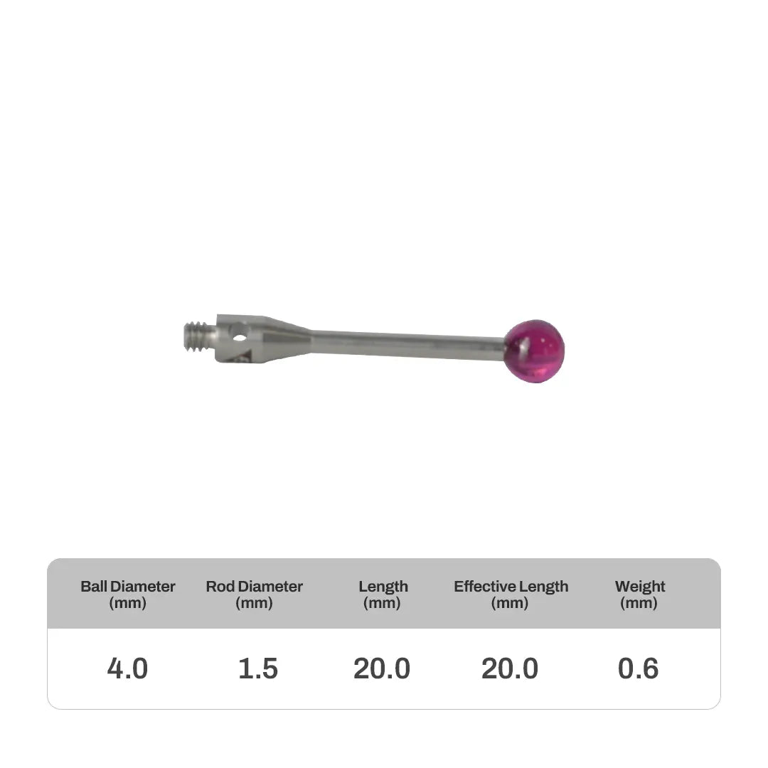 High-precision CNC stylus probe with ruby ball tip, compatible with Renishaw, Hexagon, Zeiss, Mitutoyo, BLUM, Marposs, and Heidenhain. Available in M2 threads for CMM and CNC machine tool probing