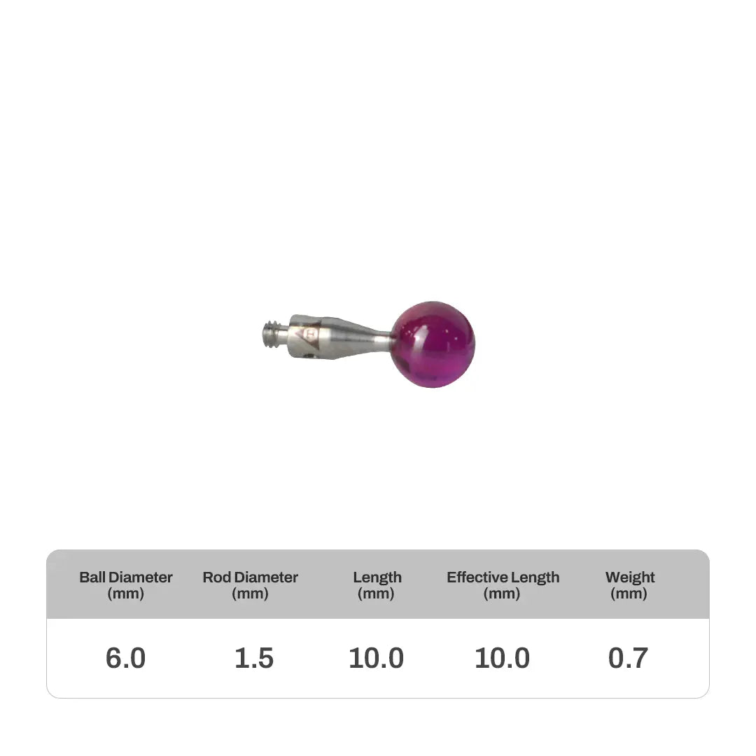 High-precision CNC stylus probe with ruby ball tip, compatible with Renishaw, Hexagon, Zeiss, Mitutoyo, BLUM, Marposs, and Heidenhain. Available in M2 threads for CMM and CNC machine tool probing