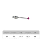 High-precision CNC stylus probe with ruby ball tip, compatible with Renishaw, Hexagon, Zeiss, Mitutoyo, BLUM, Marposs, and Heidenhain. Available in M3 threads for CMM and CNC machine tool probing