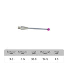High-precision CNC stylus probe with ruby ball tip, compatible with Renishaw, Hexagon, Zeiss, Mitutoyo, BLUM, Marposs, and Heidenhain. Available in M3 threads for CMM and CNC machine tool probing