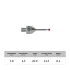 High-precision CNC stylus probe with ruby ball tip, compatible with Renishaw, Hexagon, Zeiss, Mitutoyo, BLUM, Marposs, and Heidenhain. Available in M4 threads for CMM and CNC machine tool probing