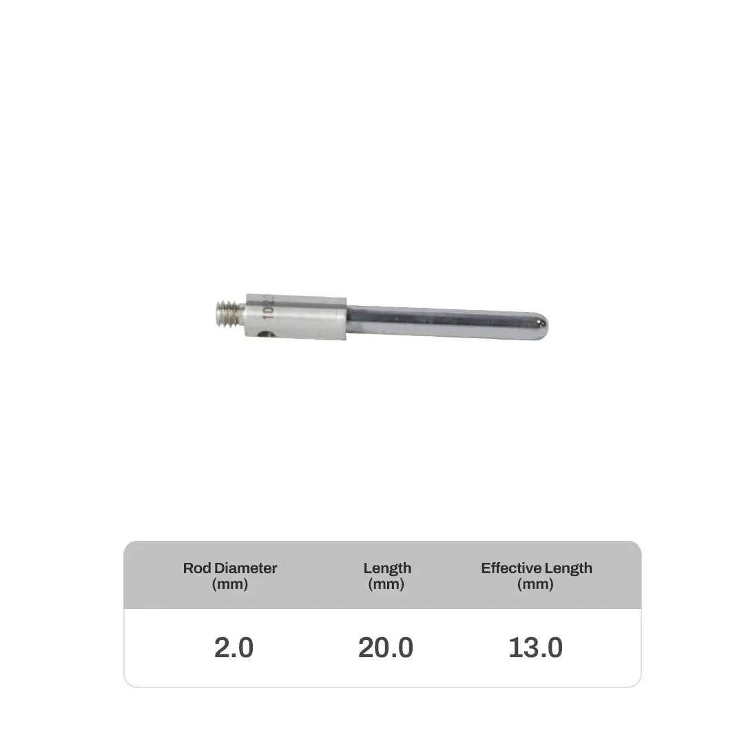 High-precision CNC stylus probe with ruby ball tip, compatible with Renishaw, Hexagon, Zeiss, Mitutoyo, BLUM, Marposs, and Heidenhain. Available in M2 threads for CMM and CNC machine tool probing